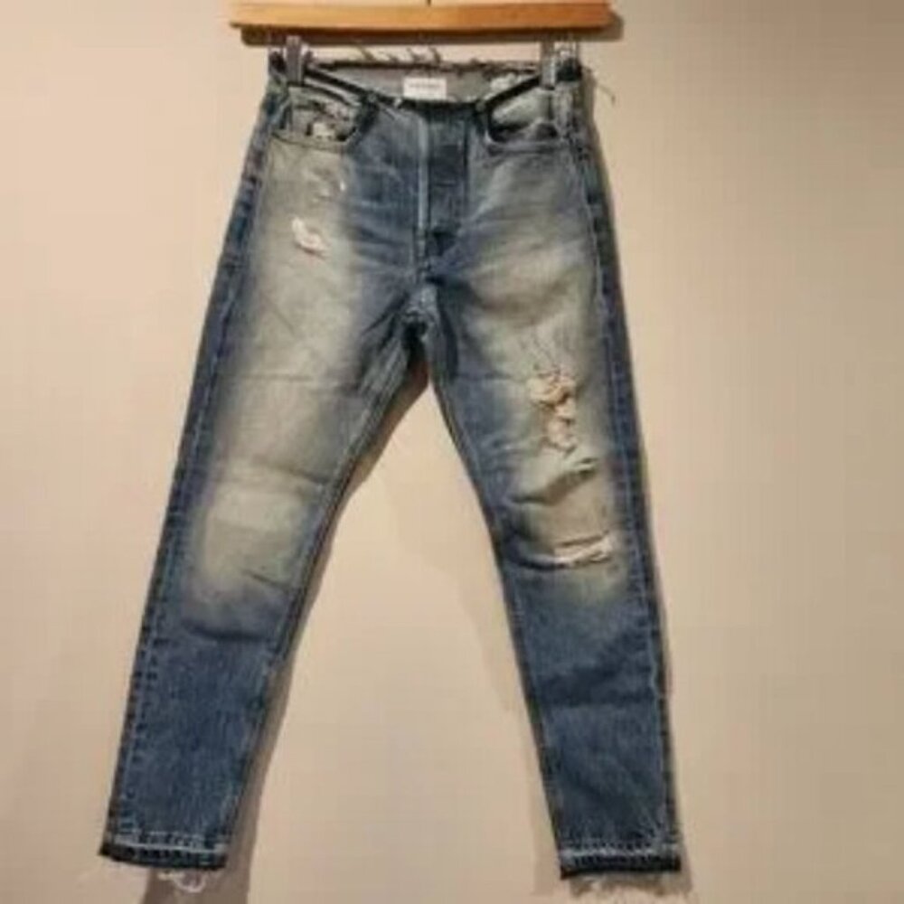 FRAME DENIM distressed jeans with raw hem and buttonfly top hook closure size 25